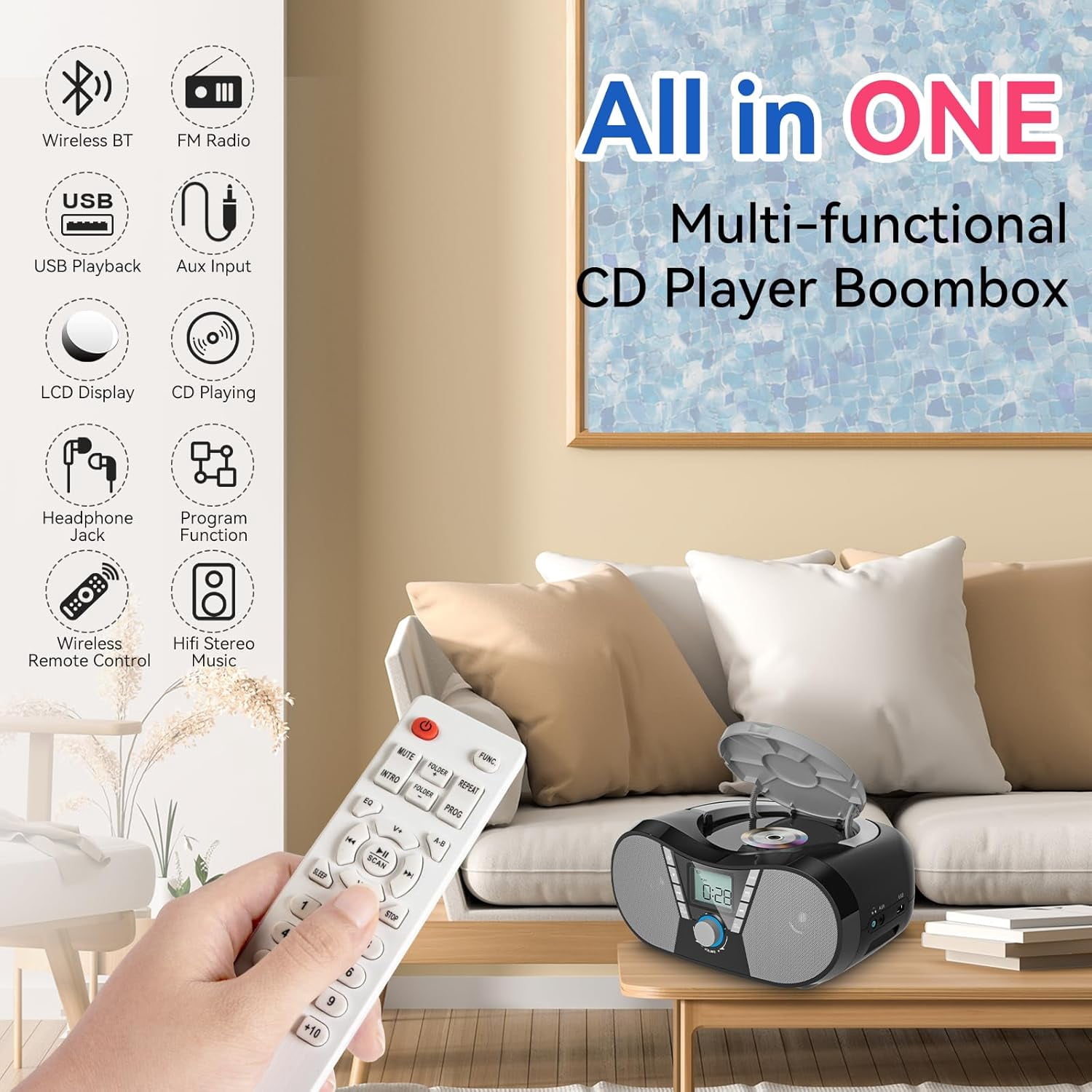 Gueray CD Player Boombox with Bluetooth Boombox FM Radio USB Port Portable CD Player Stereo Sound Speaker MP3 Playback 3.5mm AUX Input Headphone Jack LCD Display