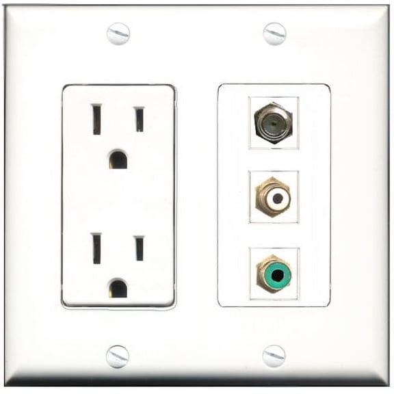 RiteAV - 15 Amp Power Outlet 1 Port RCA White 1 Port RCA Green 1 Port Coax Decorative Wall Plate