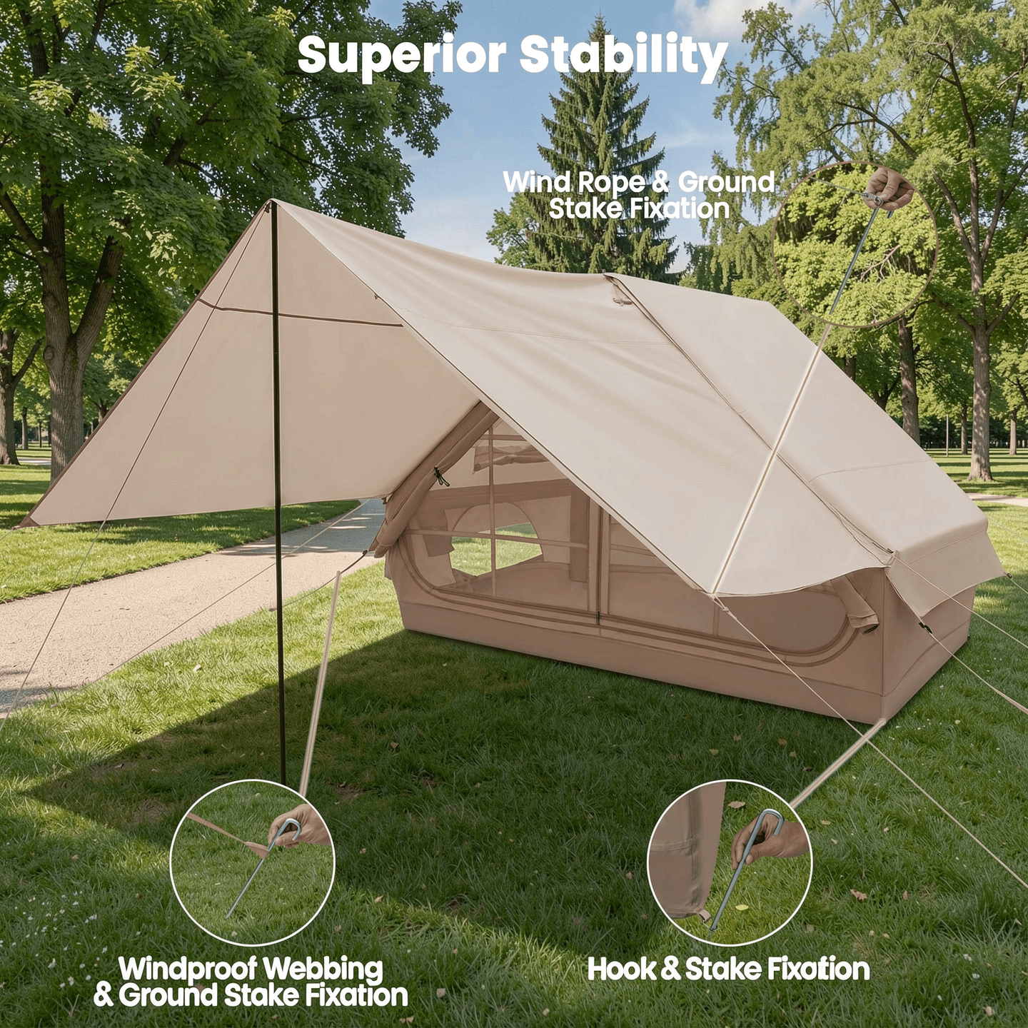 Biotree 4-6 Person Inflatable Camping Tent with Front Porch and Carrying Bag for Family Outdoor Adventures, Beige