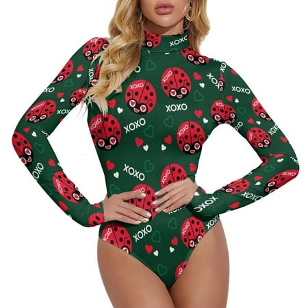 Long Sleeve Bodysuit for Women Ladybugs In Love Turtleneck Bodysuits Tops Jumpsuit Tummy Control  Fall Fashion 2024