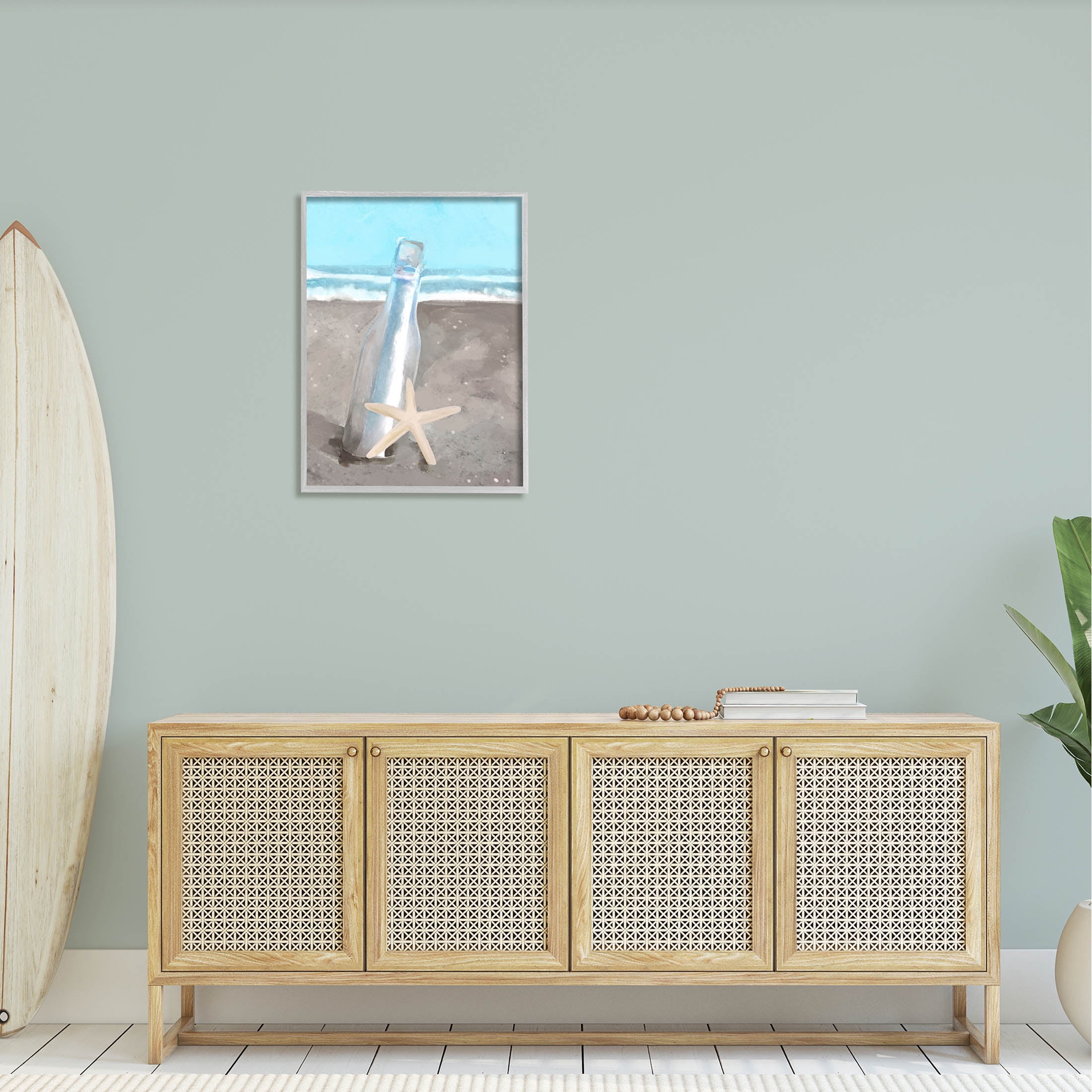 Message Bottle Beach Shore Coastal Graphic Art Gray Framed Art Print Wall Art