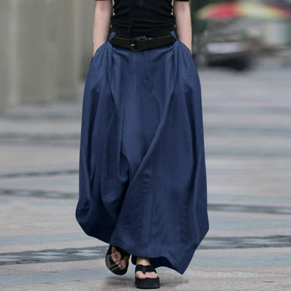 qelini High Waisted Skirts for Women Plus Size Long Skirt Elastic Waist A-line Skirt Solid Color Summer Skirt