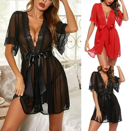 

Women Sexy Lingerie Solid Color Lace Sheer Short Sleeves Night Robe + Thongs