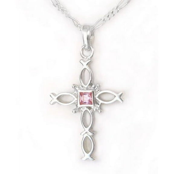 Sterling Silver Ichthus Fish Cross Birth Crystal Necklace, October Pink
