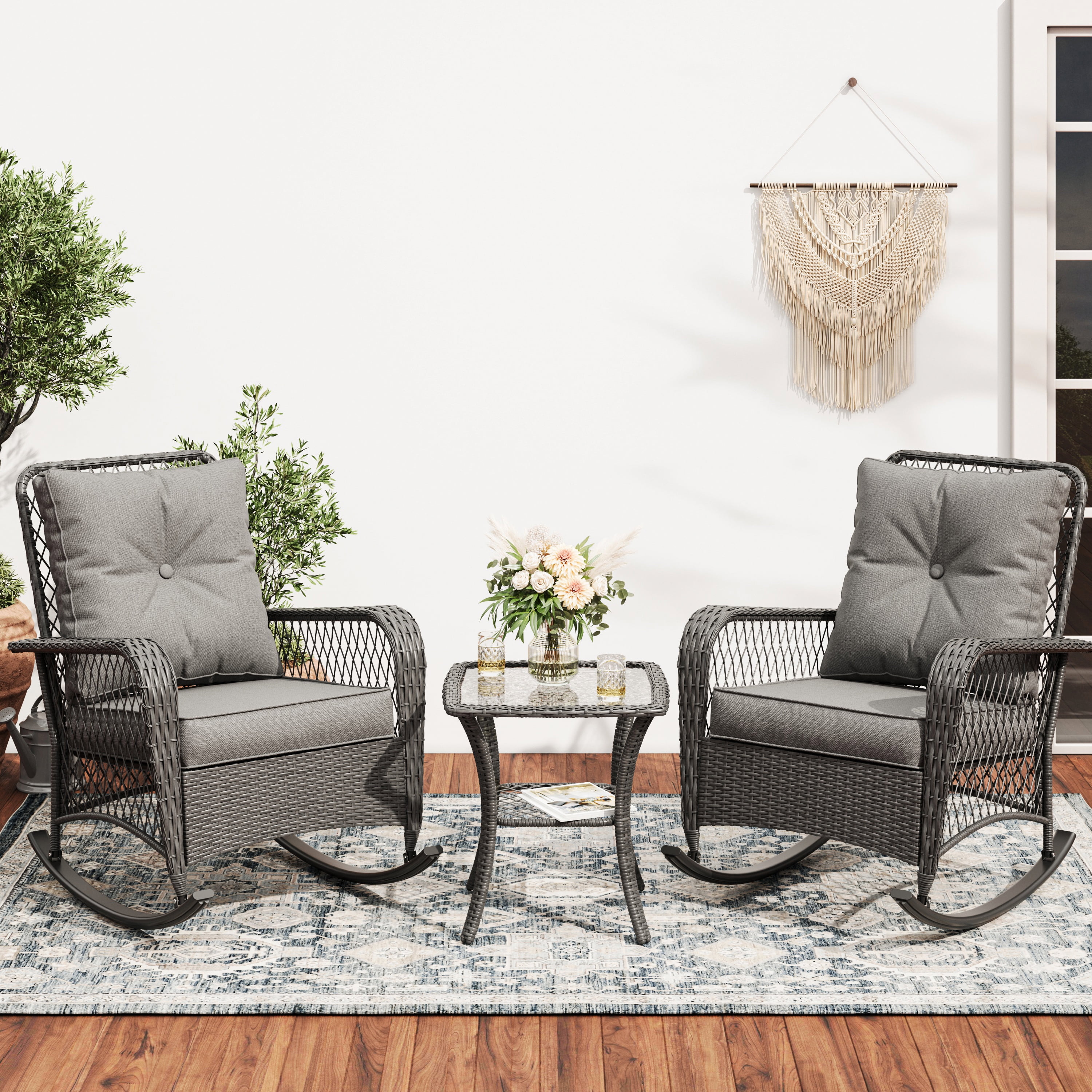 MRUAKA Outdoor Rocking Chairs Set of 3, Wicker Patio Furniture with Thickened Cushions and Table for Porch，350lbs Weight Capacity(Gray)