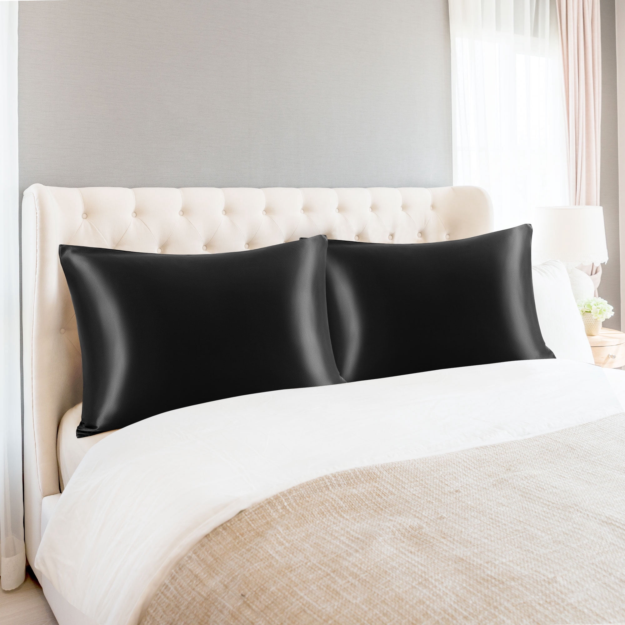 Unique Bargains Set of 2 Durable Soft Enveloped Closure Satin Pillowcase Black King(20"x36"）