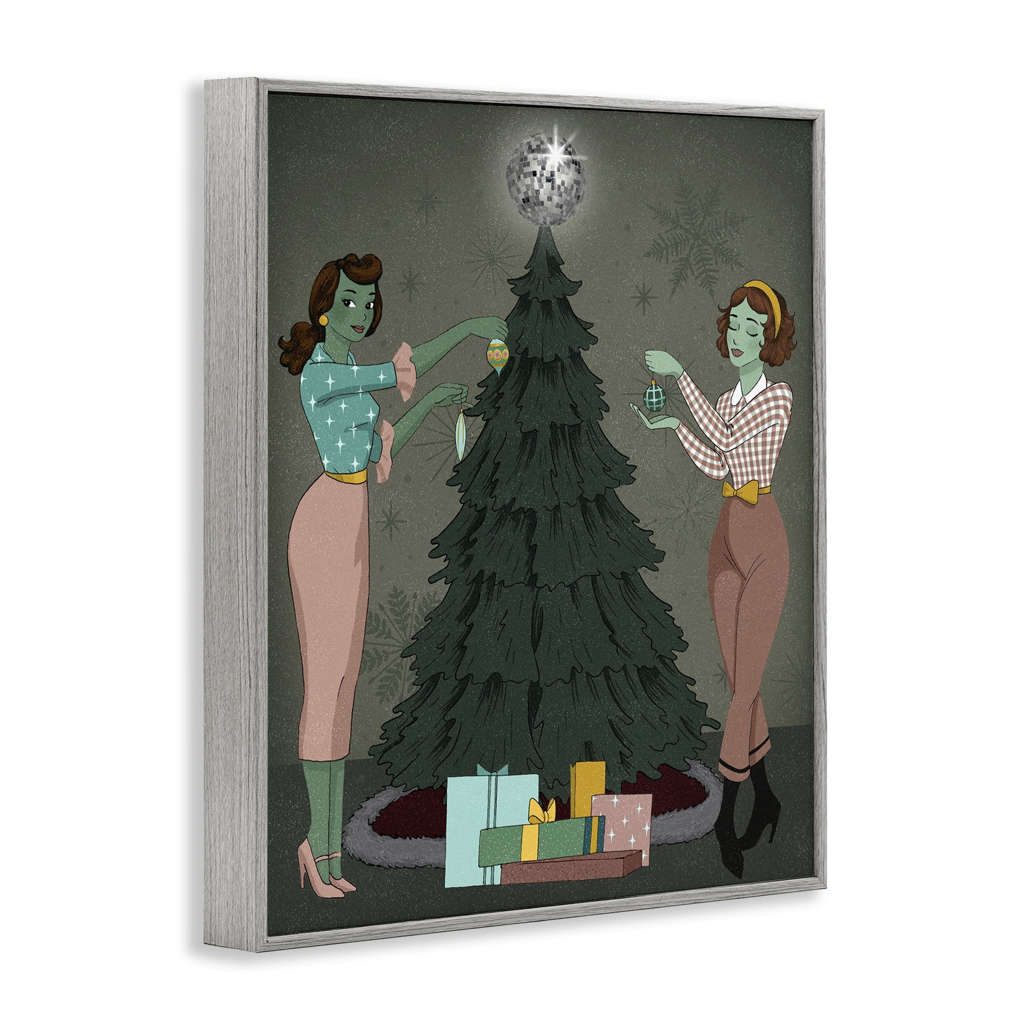 Stupell Industries Girls & Christmas Tree Holiday Painting Gray Framed Art Print Wall Art, 24 x 30