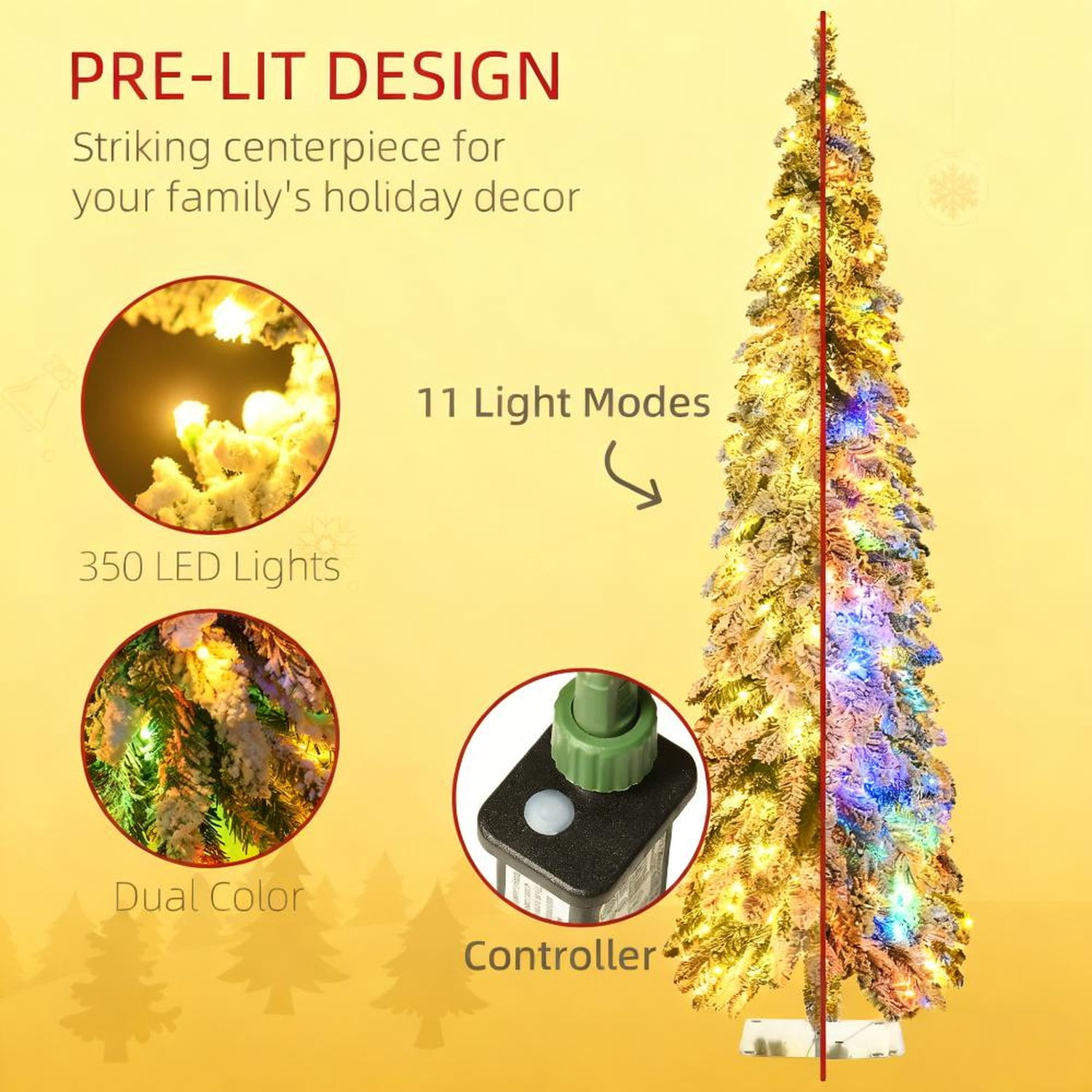 6 ft Pre-Lit Slim Christmas Tree with Snow-Flocked Branches, Green