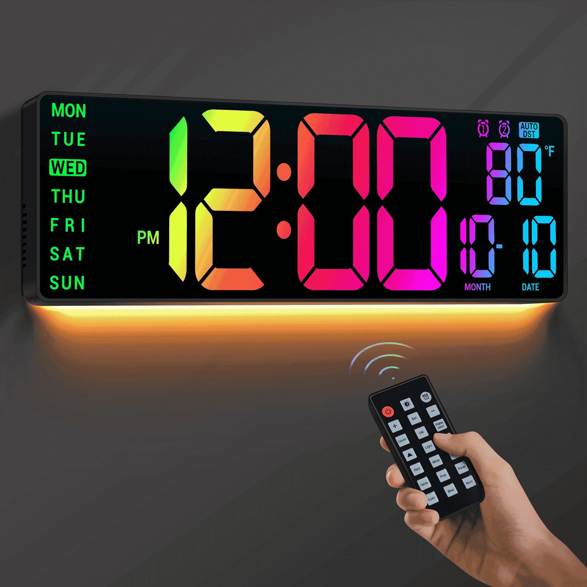 16.5 Large Digital Wall Clock: 11 RGB Color LED Display with Remote Control, Auto DST, Temperature & Date - Big Number Wall Clock for Seniors, Classroom, Office, Gym, Home Decor, Black