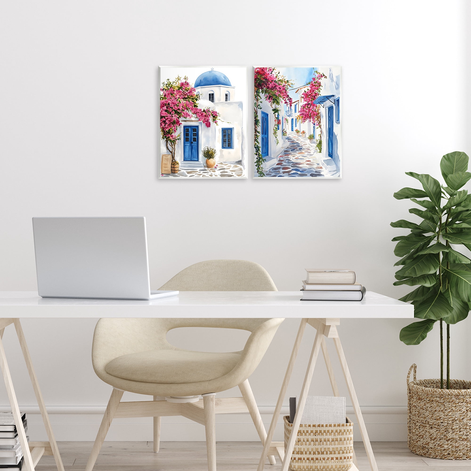 Stupell Industries Santorini House with Pink Tree 2 Piece Wall Plaque Art Set, design by LSR Design Studio
