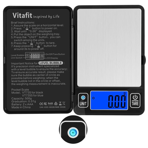 Vitafit 500g Digital Gram Food Scale in 0.01g, High Accuracy Assured by Built-in Level Bubble, Scale Professional Since 2001, Pocket Scale for Multi-Function: Kitchen, Jewelry, Lab, Coffee, Black