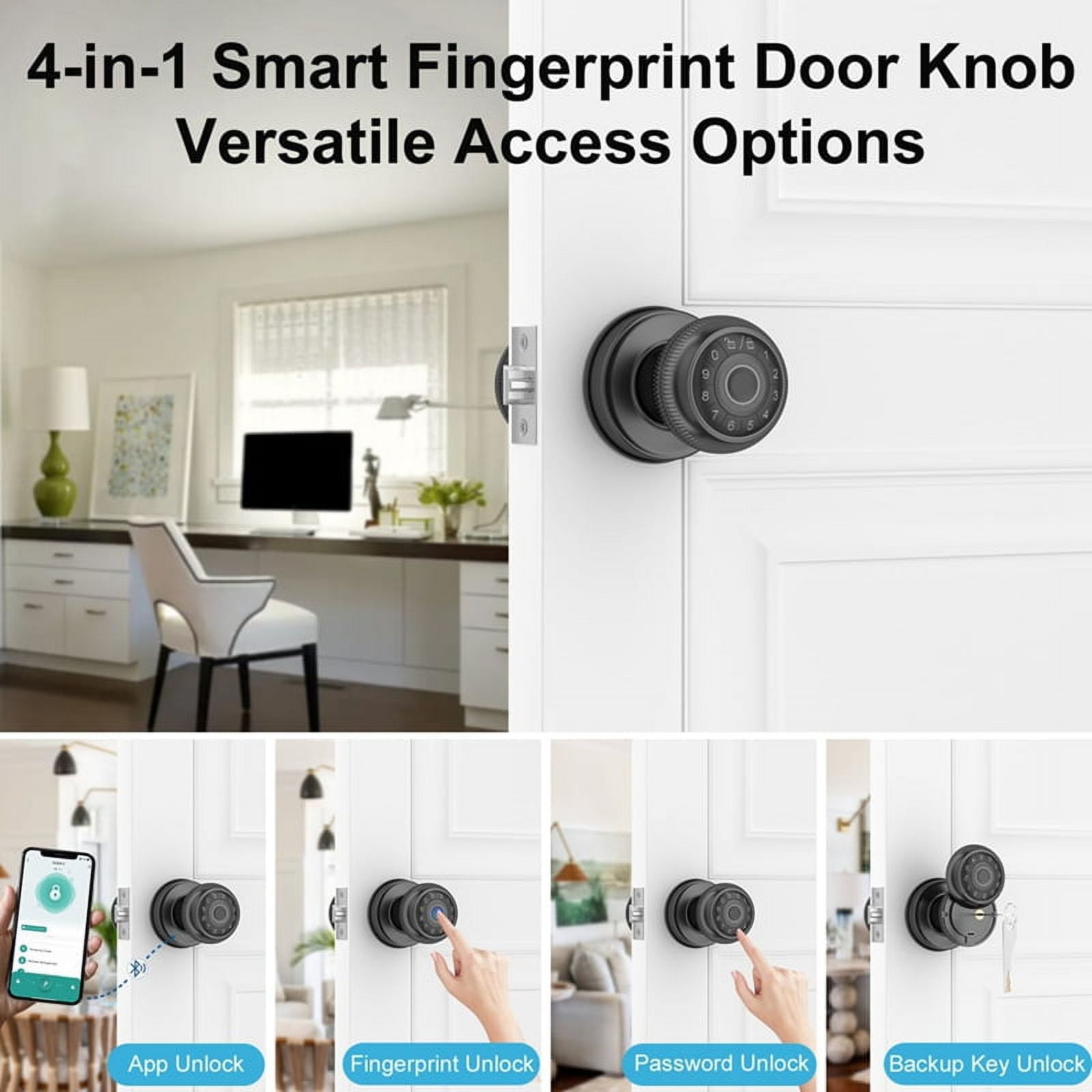 4-in-1 Smart Door Knob, Fingerprint Door with App Control, Smart Fingerprint Door Lock with Keypad, for Home,Office