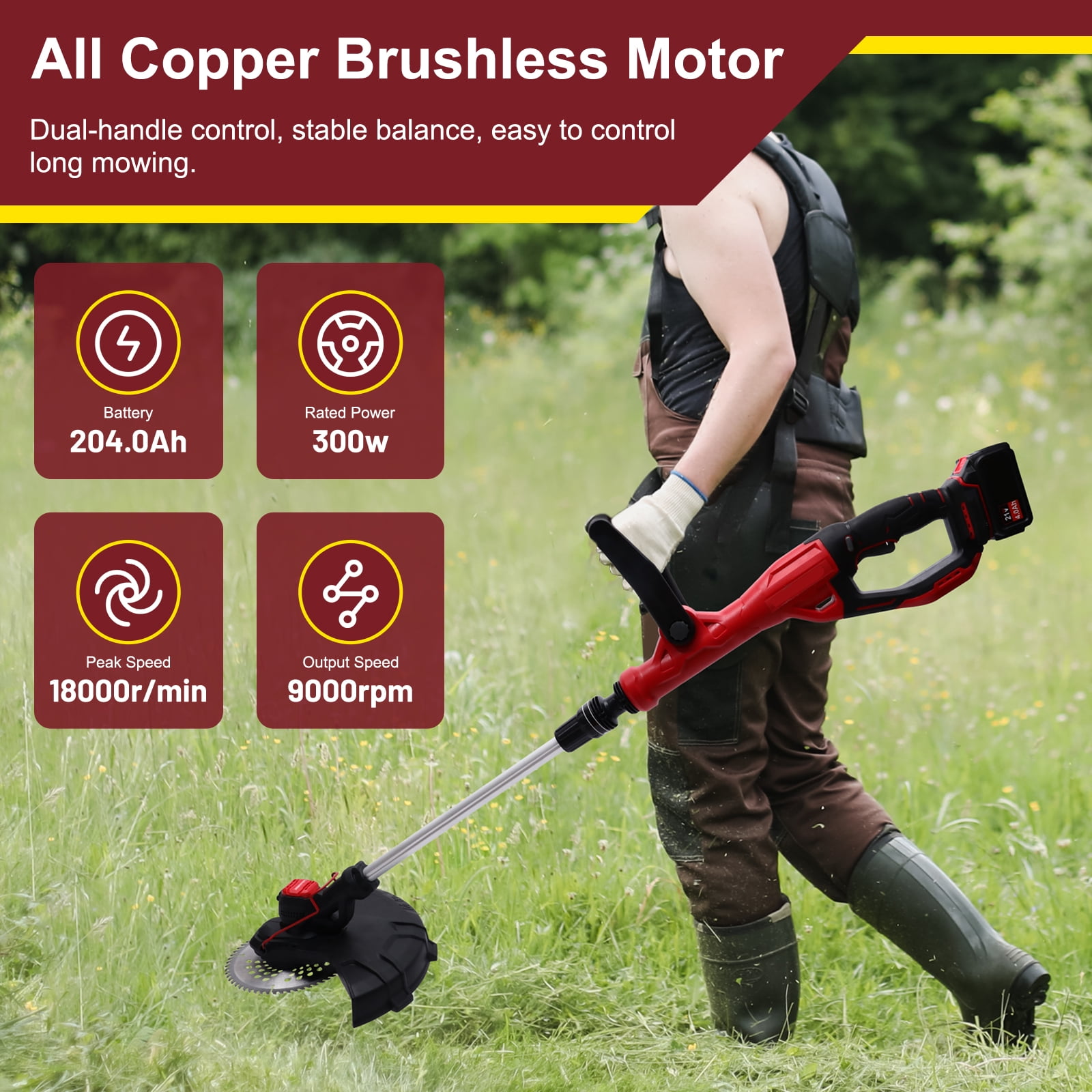 CATGOOD Cordless Electric Weed Trimmer,20V 4.0Ah Battery Powered String Trimmer,Silent Brushless Motor Grass Trimmer and Powerful Weed Wacker for Garden/Yard Trimming Tool,1 Charger Black