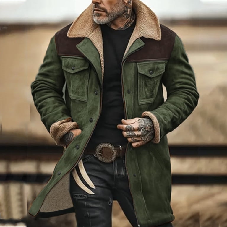 Suede Leather Jacket Men Winter Fur Shearling Duster Coat Retro