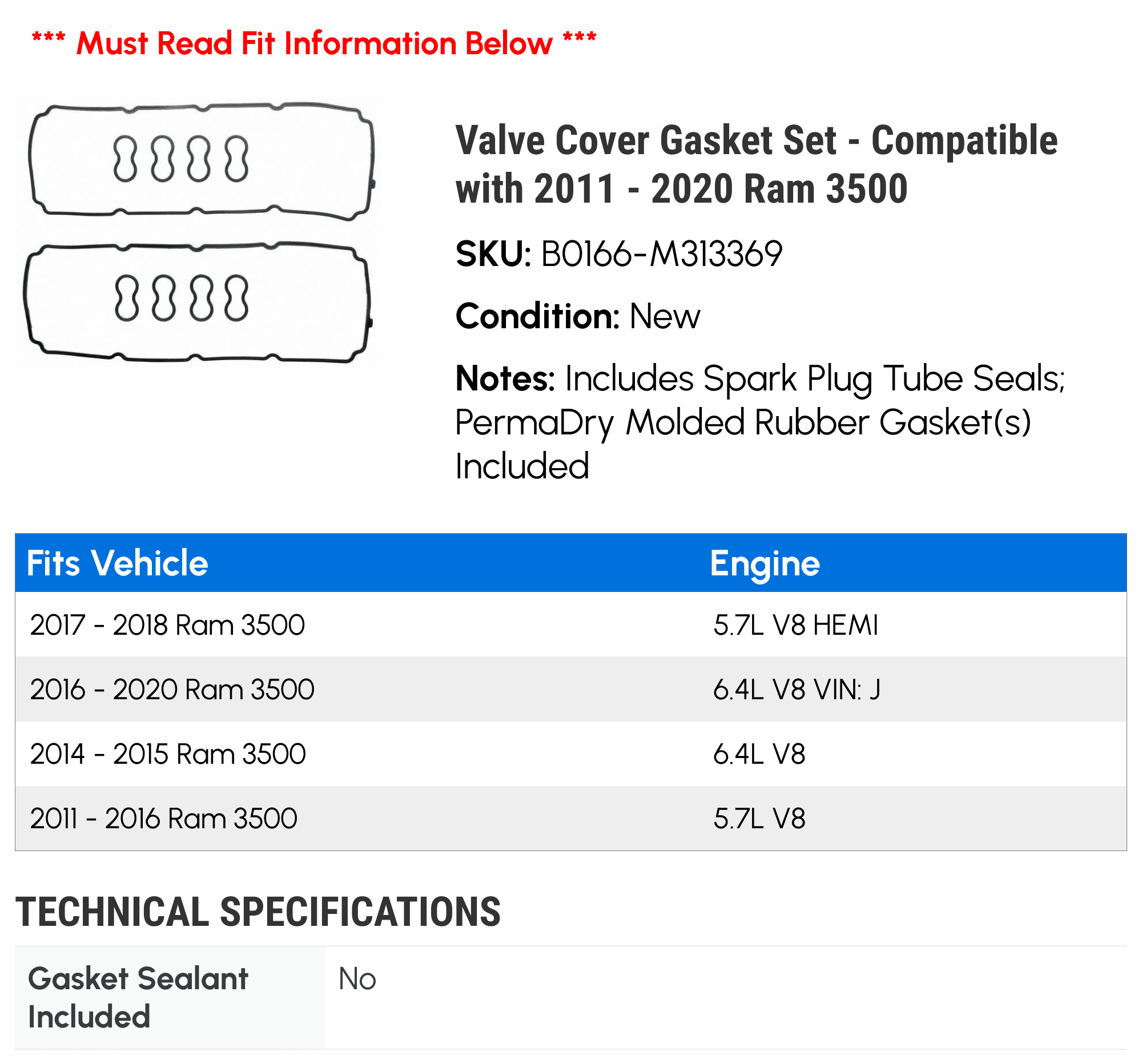 Valve Cover Gasket Set - Compatible with 2011 - 2020 Ram 3500 2012 2013 2014 2015 2016 2017 2018 2019