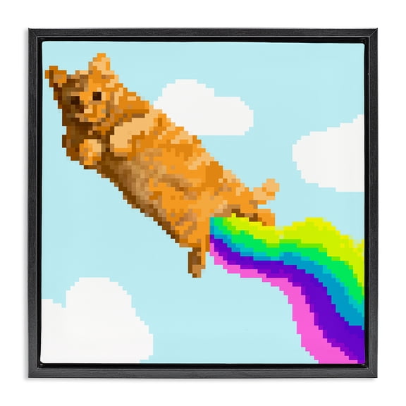 Stupell Industries Flying Rainbow Pixel Cat Animals Painting Black Floater Framed Canvas Art Print Wall Art, 18 x 18