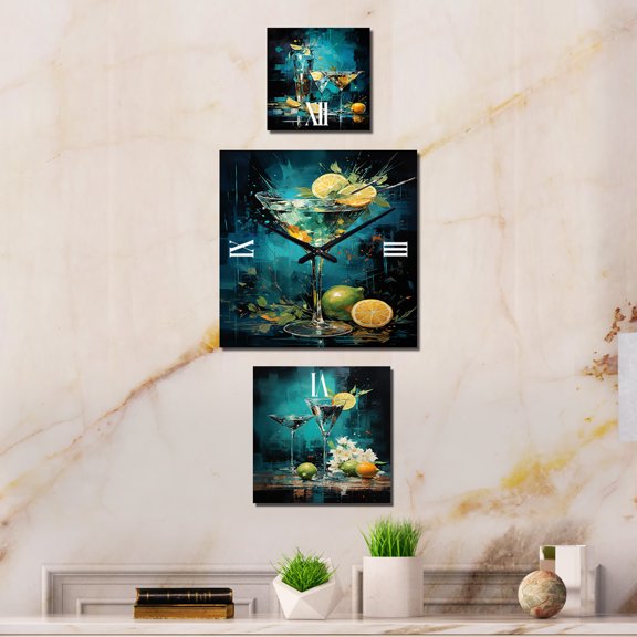 Designart "Twilight Vesper Elegance" Cocktails Oversized Wall Clock - Set Of 3 - Extra large Traditional Clock For Office Décor - Large Vertical Clock