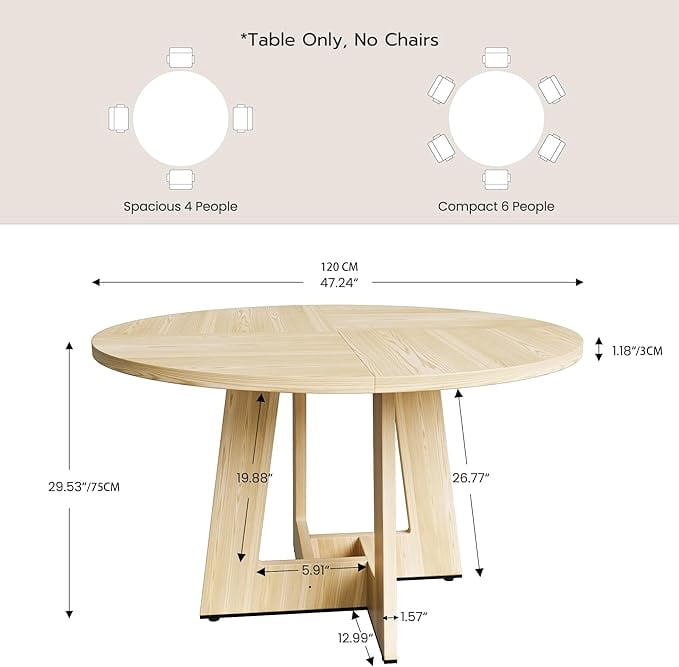 Gelloan 47" Round Dining Table for 4-6 Persons, Modern Farmhouse Wooden Kitchen Table for Dining Room Kitchen,Oak (Only Table)