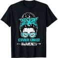thumbnail image 2 of 100% Cotton Womens Cervical Cancer Awareness Messy Bun Ribbon Teal T-Shirt, 2 of 5