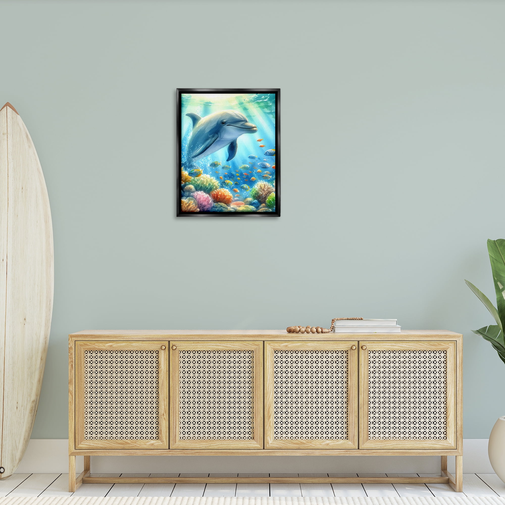 Stupell Industries Majestic Dolphin Underwater Nautical & Beach Painting Black Floater Framed Canvas Art Print Wall Art, 25 x 31