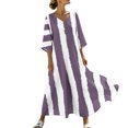thumbnail image 2 of Uscallm Women Plus Size V Neck Short Sleeve Boho Flowy Striped Maxi Dresses Loose Casual Beach Vacation Swing Long Dresses with Elastic Waist, Purple XL, 2 of 8
