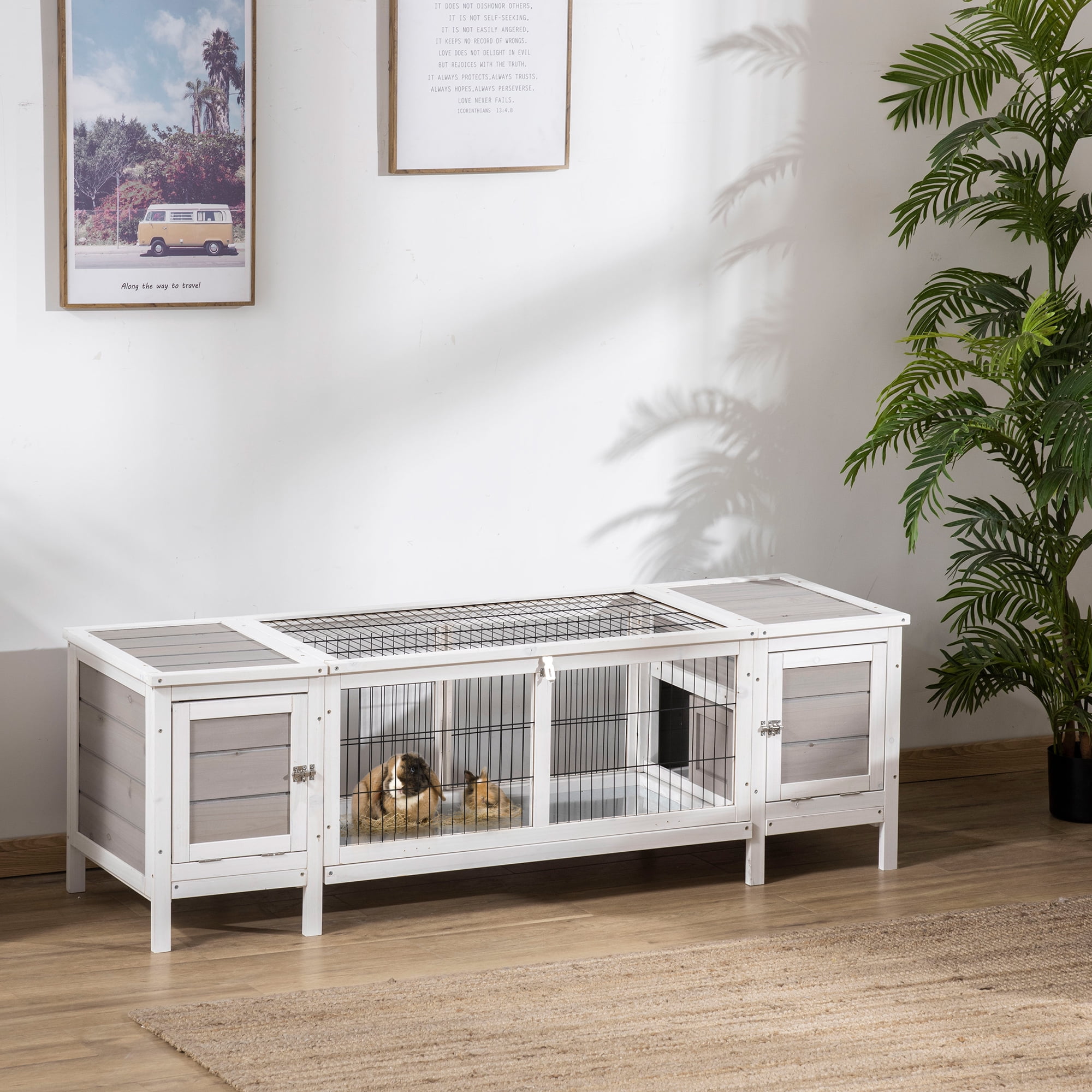 PawHut Rabbit Hutch, Bunny Cage, Guinea Pig House with Pull-Out Tray and Divided Board for Indoor, White