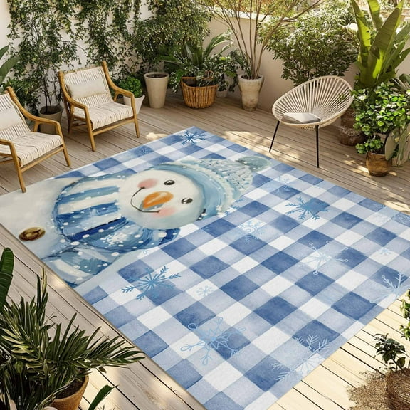 Fsddascl Blue Christmas Snowman Outdoor Rug for Patio/Deck/Porch, Non-Slip Large Area Rug 5 x 8 Ft, Winter Snowflake Xmas Plaid Indoor Outdoor Rugs Washable Area Rugs, Reversible Camping Rug Carpet