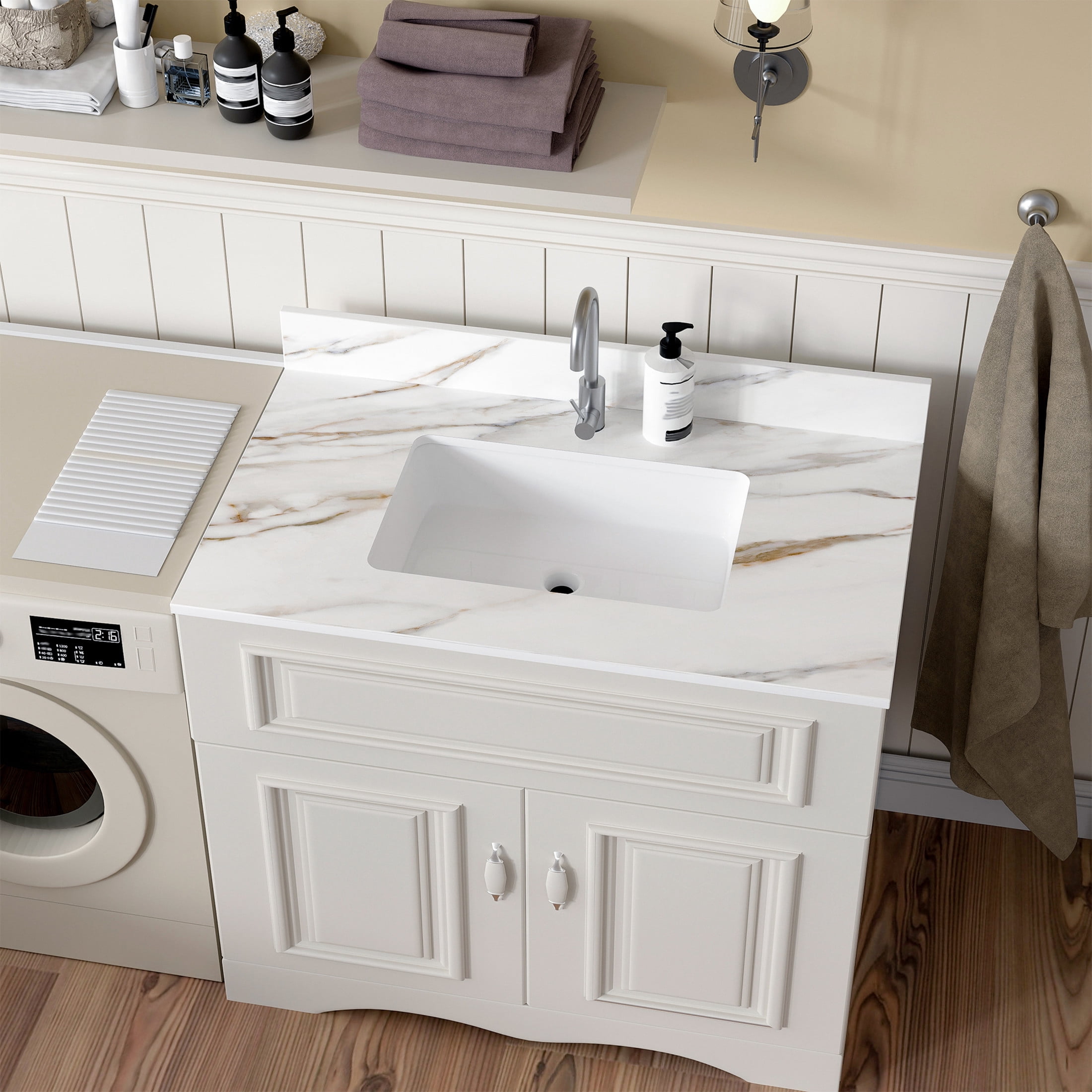 Noble House 37-Inch Bathroom Vanity Top with Undermount Sink, Backsplash, Pre-Drilled Faucet Hole, White
