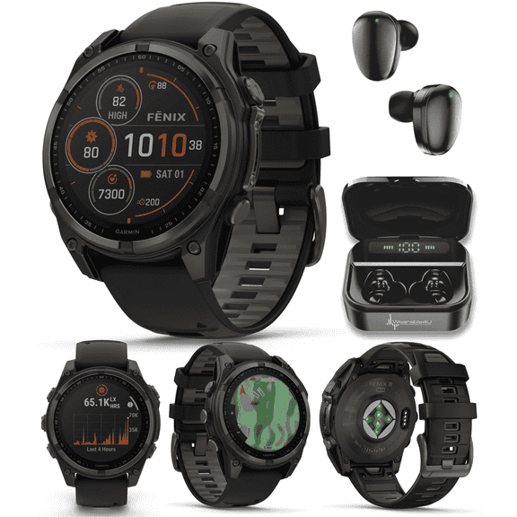 Garmin Fenix 8, 47 mm Multisport GPS Smartwatch, Solar, Sapphire, Carbon Gray DLC Titanium with Black/Pebble Gray Silicone, Built-in LED Flashlight with Wearable4U Black EarBuds Bundle
