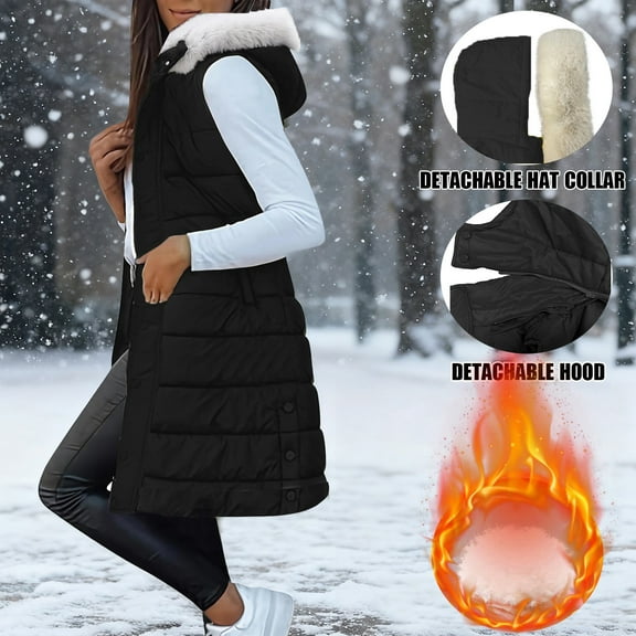 Heisall Womens Casual Winter Long Vest Coat, Quilted Stand Collar Sleeveless Hooded Jacket with Pockets
