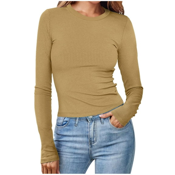 Taqqpue Women's Long Sleeve T Shirt Casual Ribbed Knit Sweaters for Women Crewneck Sweatshirts Slim Fit Tee T-Shirts Solid Color Basic Tee Tops Blouses