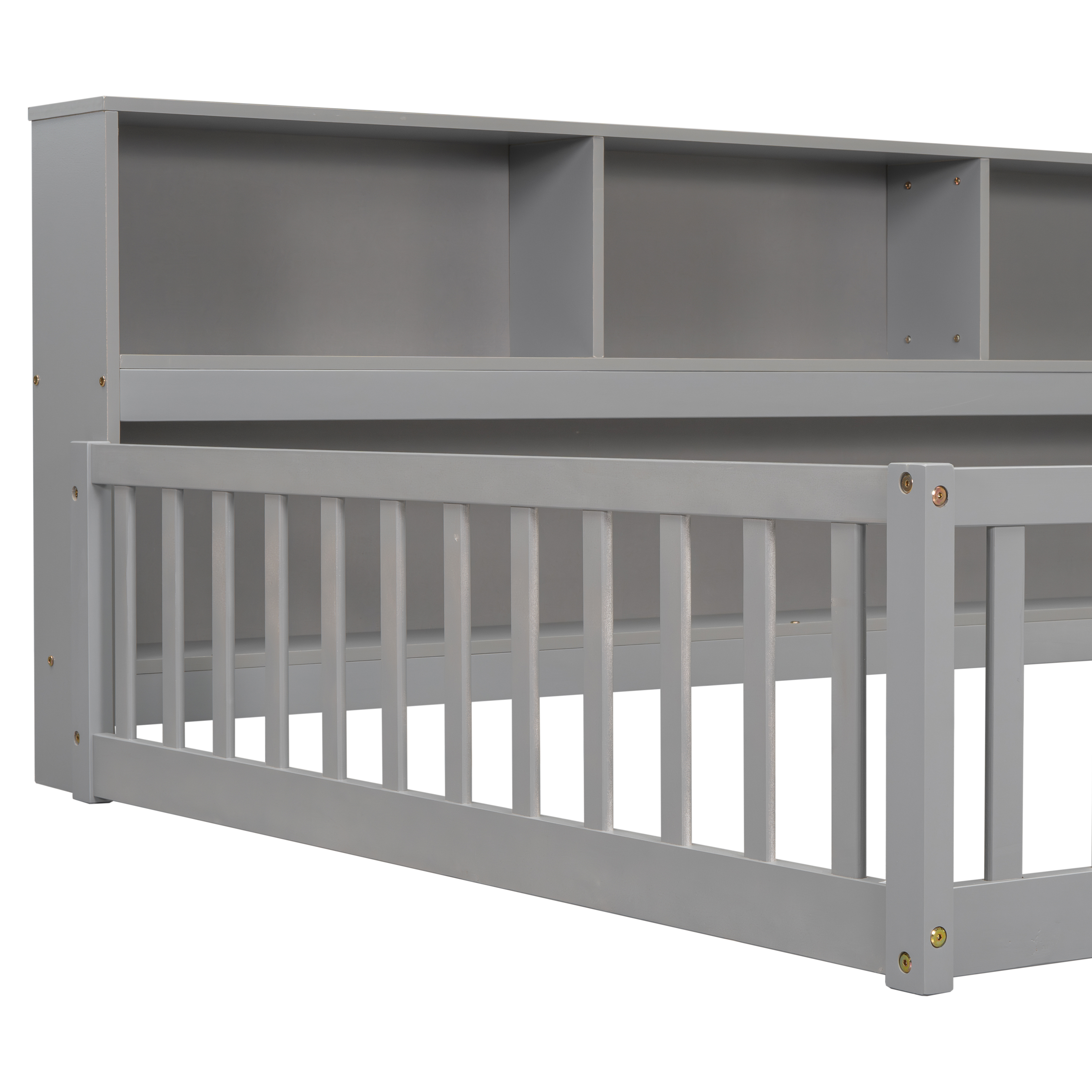 Miniyam Full Floor Bed with Bookcase Shelves and Guardrails, Wood Low Profile Bed Frame, Gray