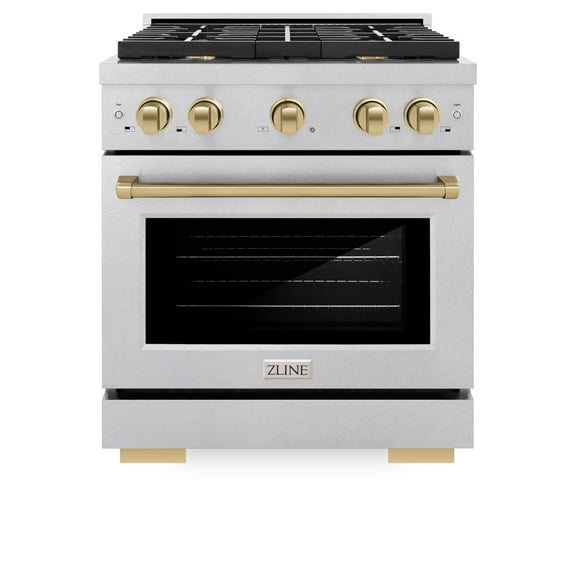 ZLINE Autograph Edition 30 in. 4.2 cu. ft. Paramount Gas Range with 4 Burner Cooktop and Convection Gas Oven in DuraSnow Stainless Steel and Champagne Bronze Accents (SGRSZ-30-CB)