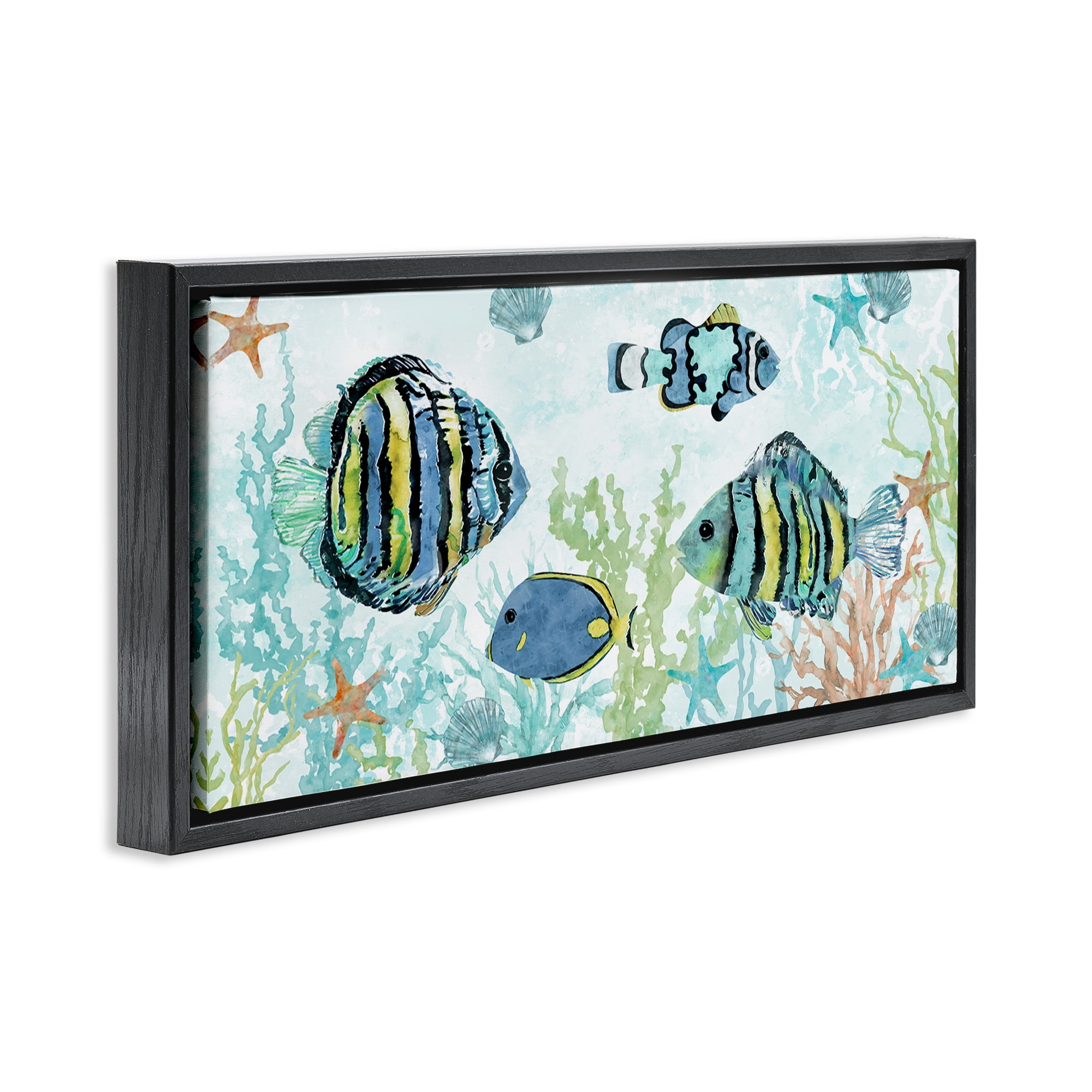 Stupell Industries Various Fish Underwater Animals Painting Black Floater Framed Canvas Art Print Wall Art, 31 x 14