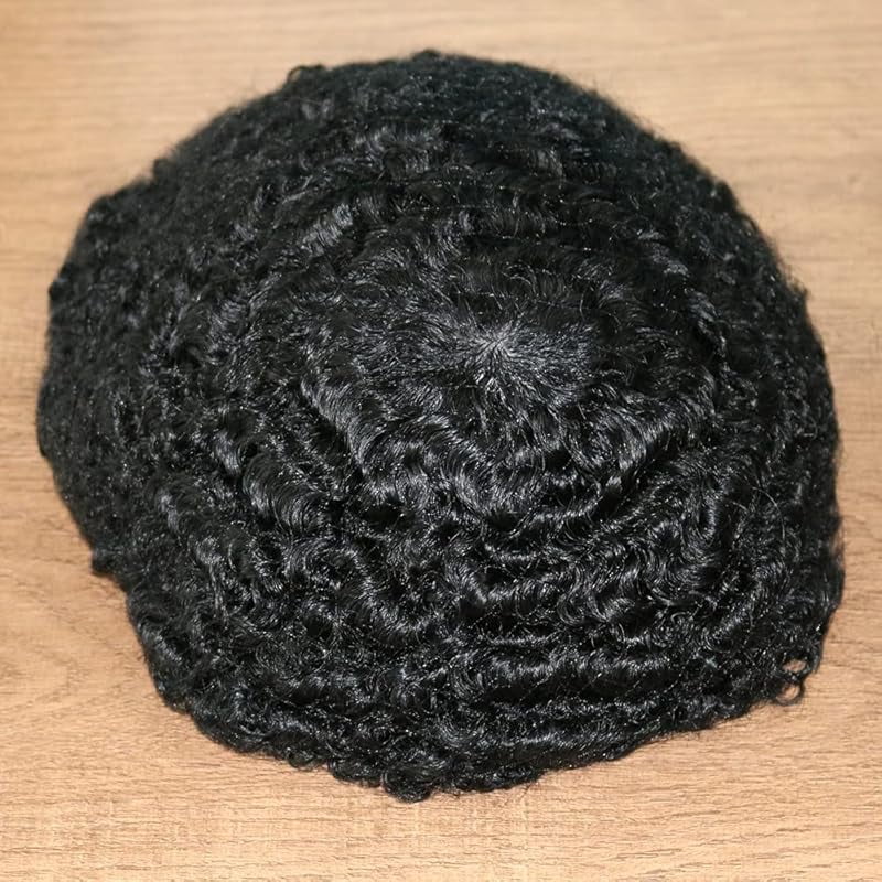 Indian Remy Human Hair Curl Toupee 10x8inch for Men with Men Hair System Replacement Wig (1# Jet Black- 15MM Curly)