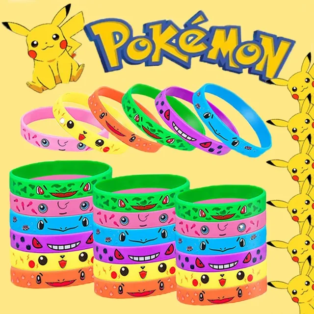 12 pulseras de Pokémon con figuras de acción de Anime, Pikachu, Charmander, pulseras de silicona de dibujos animados para niños, regalos de fiesta de Cosplay