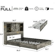 VanAcc Full Size Wooden Platform Storage Bed Frame with 51.2 Wood Bookcase Headboard(Rustic Grey)