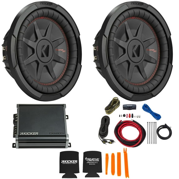 Kicker 10 Inch Comp RT Thin Woofer Includes Two 48CWRT102 Package with 46CXA8001 Amplifier and wire kit