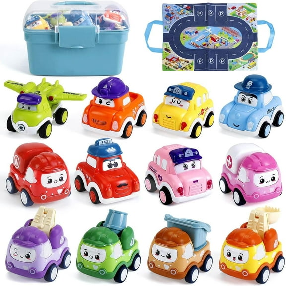 Ludolm Mini Car Toys for 1 Year Old Boy Gifts, 12 Sets Pull-Back Trucks with Playmat/Storage Box for Toddlers Age 1-2, Baby Toys 12-18 Months, 1st Christmas Birthday Gifts for One Year Olds