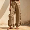 thumbnail image 3 of Bloomae Wide Leg Boho Pants Women Casual Drawstring Elastic High Waisted Flowy Ruffled Hem Palazzo Pants Trendy Beach Vacation Lounge Trousers with Pockets, 3 of 9