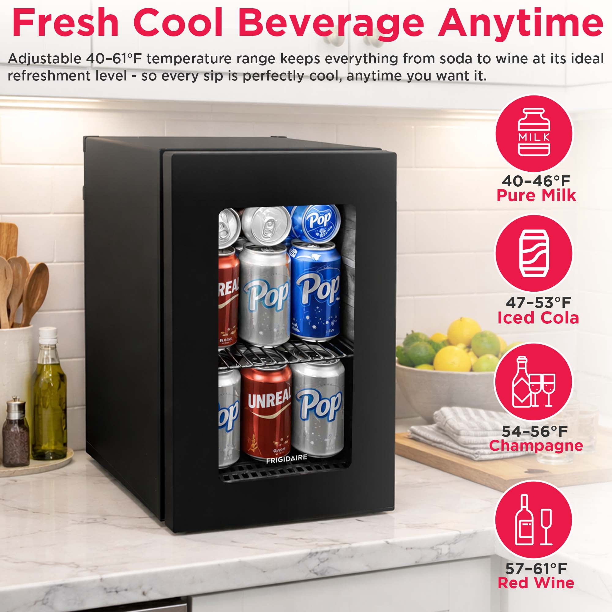 Frigidaire 0.6 Cu. ft. 18L Glass Door Beverage Refrigerator, 24 Can Capacity Mini Fridge with Digital Display