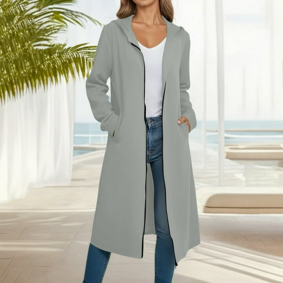 Enjoytime Jackets for Women Solid Color Long Sleeve Hooded Zipper Outerwear Fall Winter Warm Soft Casual Long Coats with Pockets Gray XL