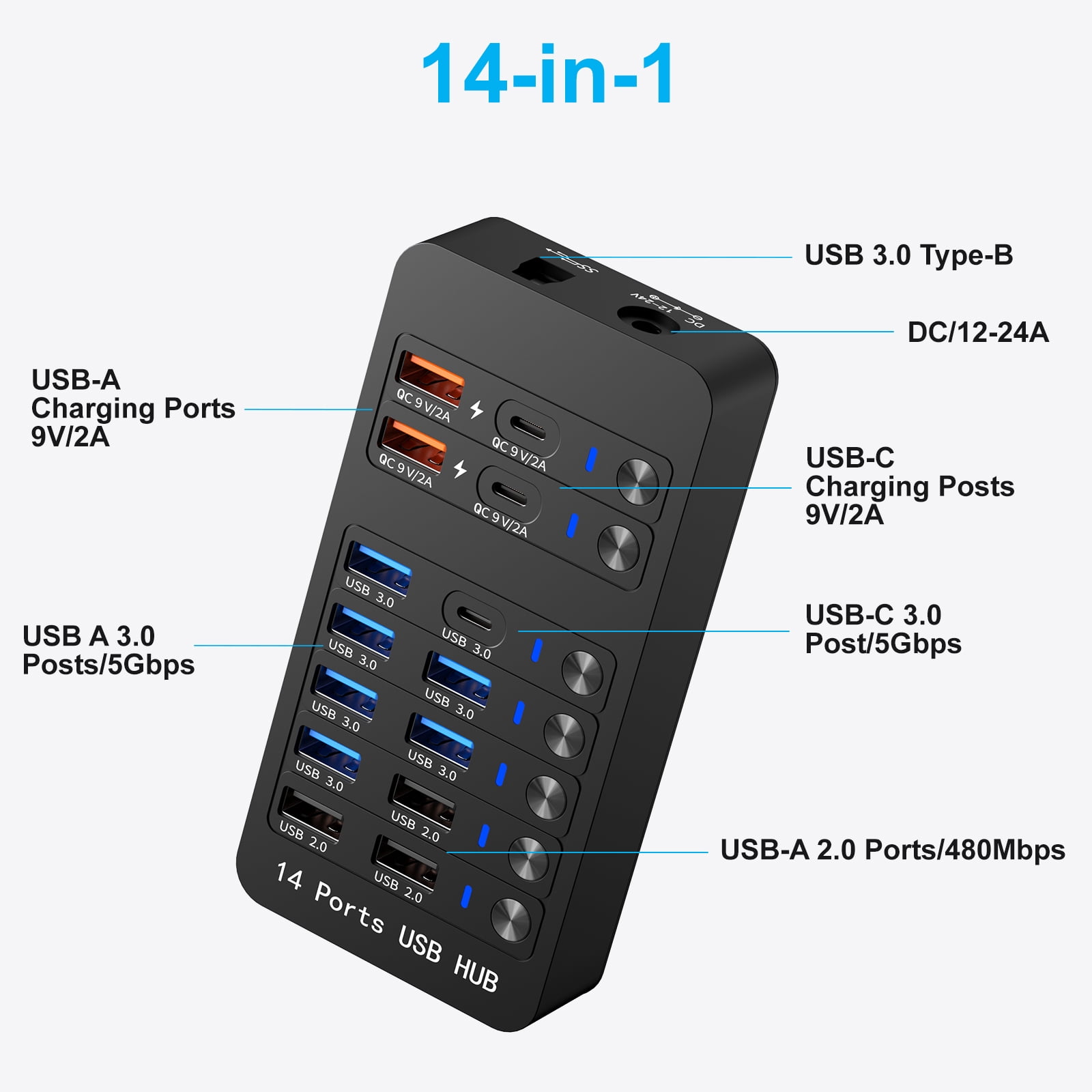 14-in-1 Powered USB Hub with 60W PD Charging, 6 USB 3.0 Ports, 4 Fast-Charging Ports, 1 USB-C 3.0 Data Port & LED Switches for Laptop, Phone, Tablet