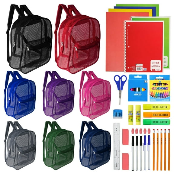 12 Wholesale 17" Mesh Backpacks in Assorted Colors & 12 Bulk School Supply Kits (52 Piece)
