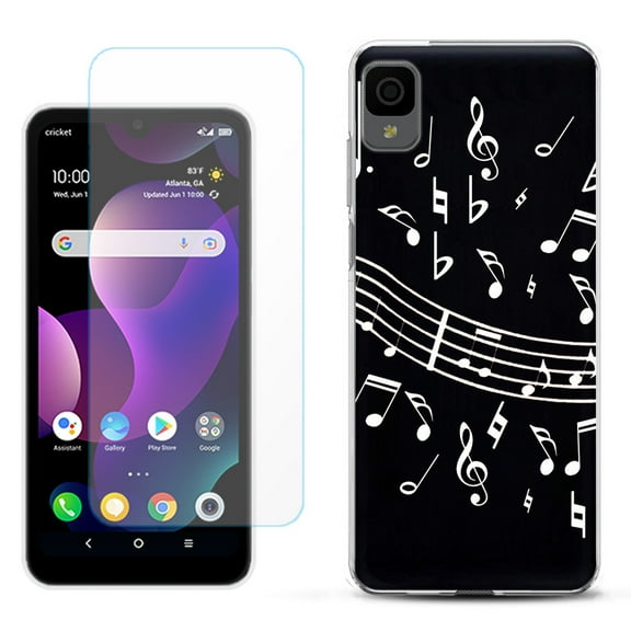 Slim-Fit Gel TPU Phone Case for TCL 30Z / 30 Z / 30 LE, with Tempered Glass Screen Protector, by OneToughShield ® - Music Notes / Black
