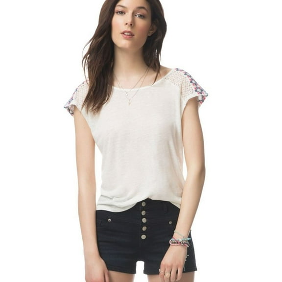 Aeropostale Womens Boxy Embellished T-Shirt, Off-White, Juniors, Small