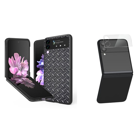 Bemz Premium Bundle for Samsung Galaxy Z Flip 3 5G: Slim Snap-On Protector Case (Diamond Plate), Rear Camera Glass Protector