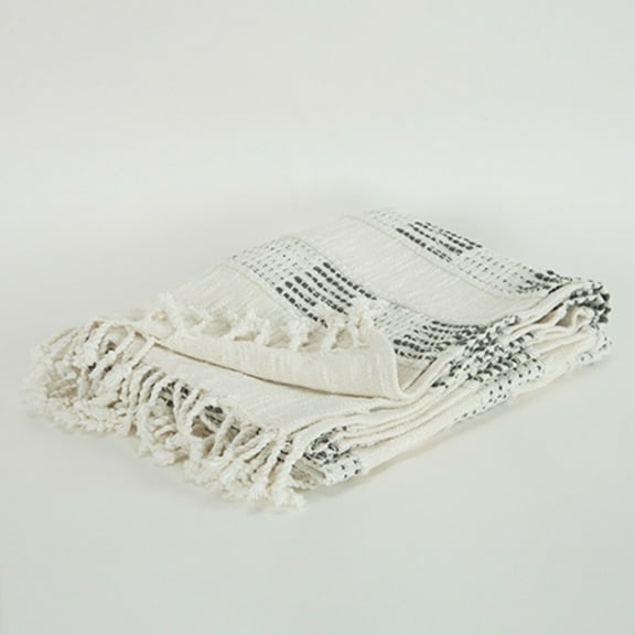 HomeRoots 519080 Beige & Grey Woven Cotton Throw Blanket with Fringe