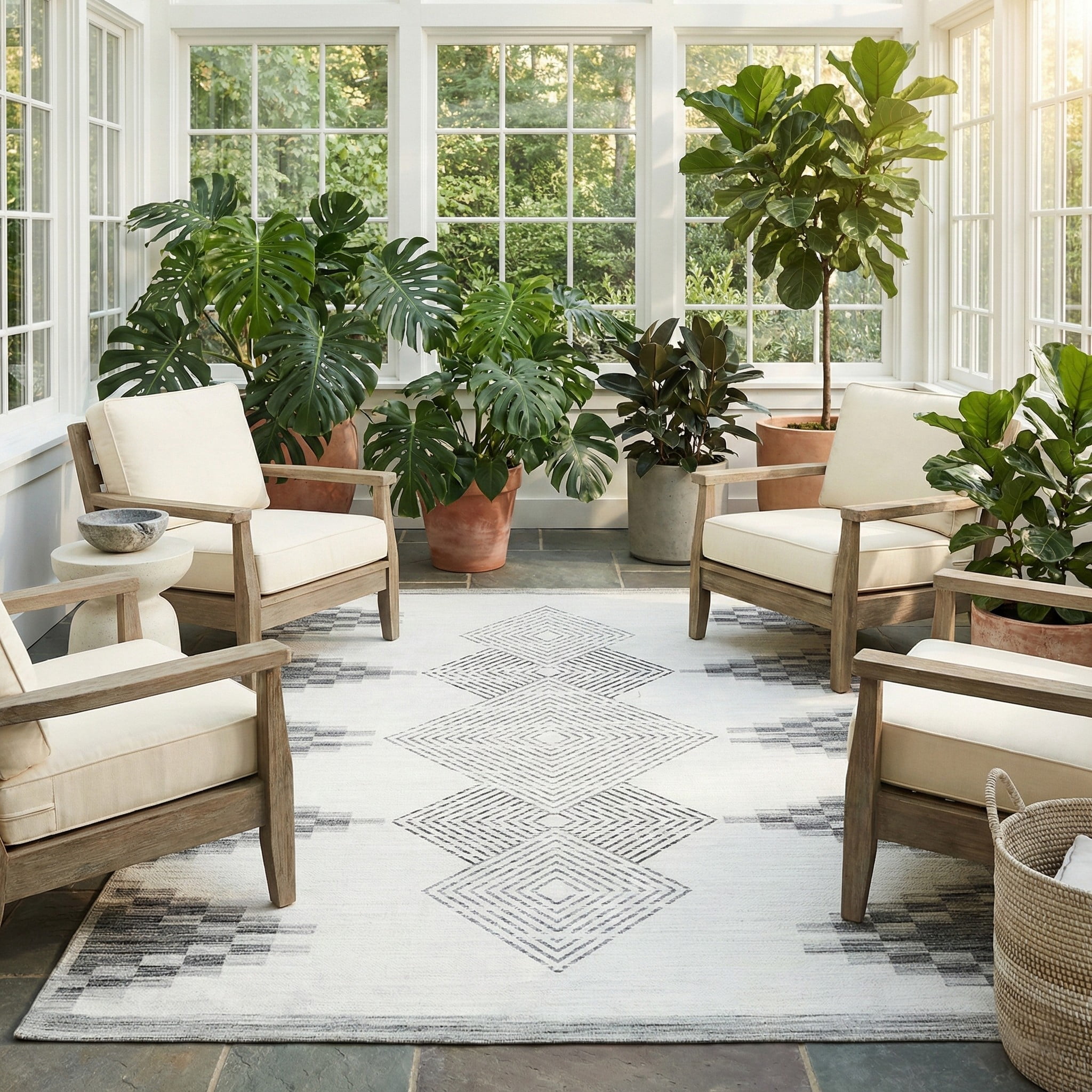 ReaLife Machine Washable Indoor Outdoor - Mat Rug Foldable Printed Thin Lightweight Cushioned Fade Resistant Patio Deck Dock Porch Pool Balcony Camping - Everly - Beige 4' x 6'
