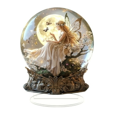 HUONA Acrylic Moon Fairy Crystal Ball Tabletop Decoration Ornament Desktop 2D Flat Home Decor Craft Table Centerpiece with Base